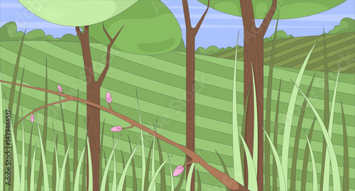 Spring grassland landscape with bud branch and trees flat illustration background. Tall grasses, rolling hills. Springtime field. Summer nature 2D cartoon backdrop. Colorful scene vector art image