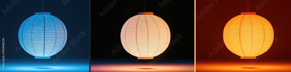 Obraz premium Three spherical paper lanterns in blue, white, and orange hues, hanging against contrasting backgrounds