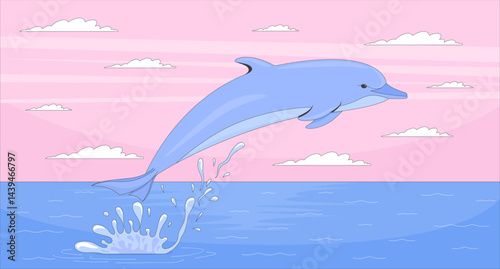 Dolphin jumping at sunset ocean flat illustration. Aquatic mammal leaping out of water with splash. Sea animal. Marine wildlife 2D character cartoon background. Colorful scene vector art image