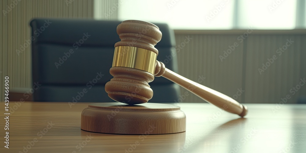 Obraz premium Wooden gavel rests on its block on a table