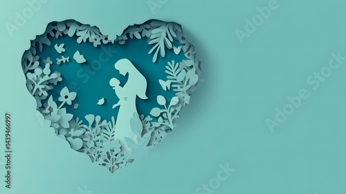 Tender Mother and Baby Silhouette in Heart Shaped Floral Frame