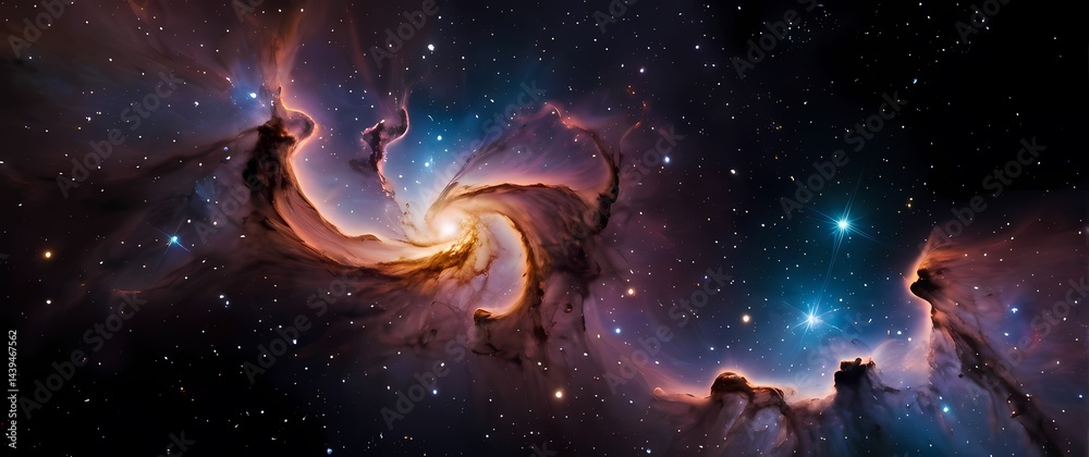 Fototapeta premium Vivid cosmic nebulae sparkling with star clusters on deep black galaxy backgrounds. Extremely detailed high resolution illustration.