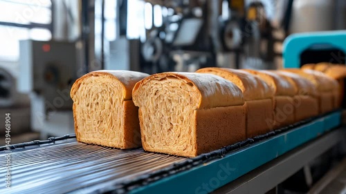 Freshly baked bread loaves on a conveyor belt in a modern bakery during daytime operations
