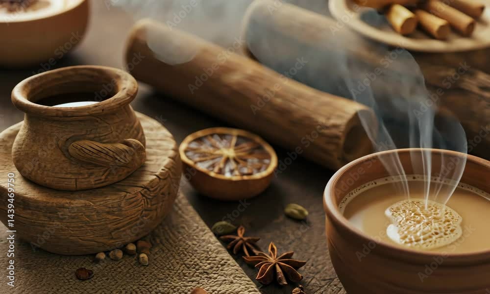 Steaming Brown Tea in a Clay Cup with Spices and Wooden Elements on a Rustic Table Steaming Brown Tea in a Clay Cup with Spices and Wooden Elements on a Rustic Table