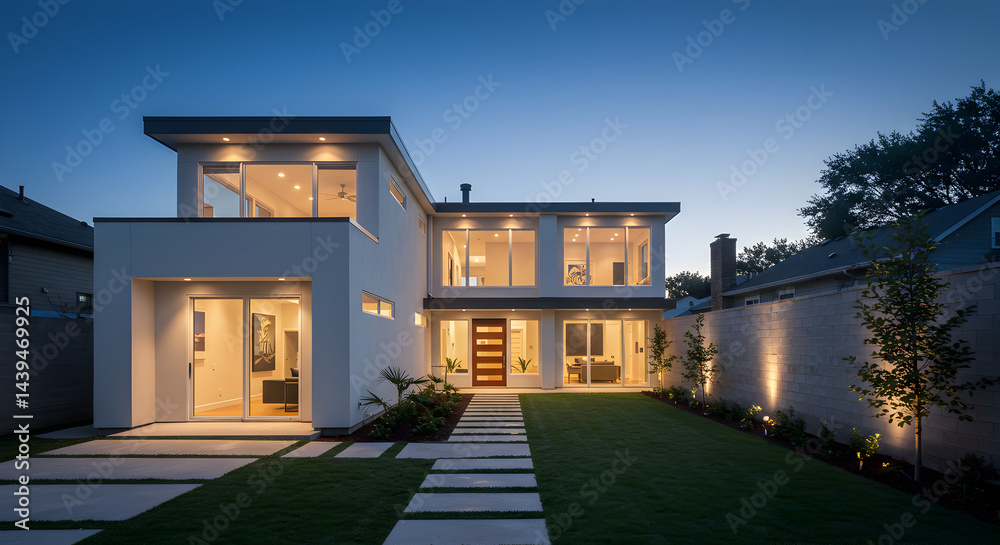 Obraz premium Spectacular Modern Home Exterior With Illuminating Glow At Twilight Time