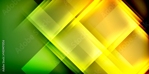 Abstract geometric design. Overlapping squares create vibrant gradients, blending green, yellow, orange hues. Modern, dynamic composition.