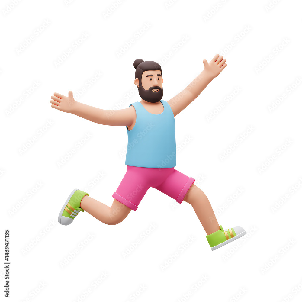 Fototapeta premium Full length of a young cute smiling bearded brunette man wears pink shorts, blue tank top, green sneakers running and having fun. Self-care, healthy lifestyle, wellness. 3d render