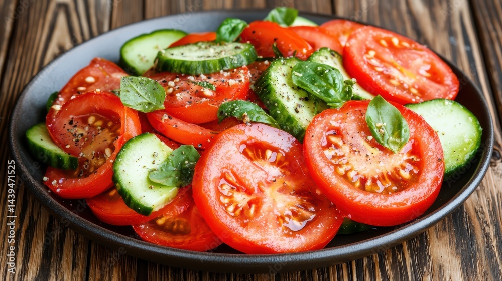 Fresh tomato and cucumber salad garnished with basil and black pepper on a black plate atop a wooden table. Fresh tomato and cucumber salad garnished with basil and black pepper on a black plate atop a wooden table.