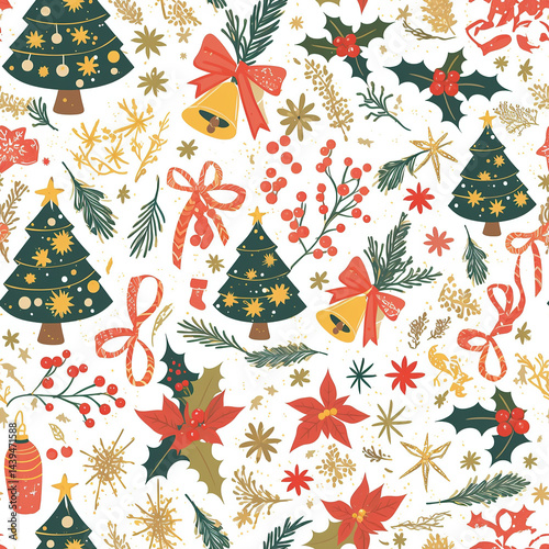 A festive pattern featuring Christmas trees, holly leaves, poinsettias, bells, and ribbons in vibrant red, green, and gold colors. The design exudes holiday cheer and seasonal joy.