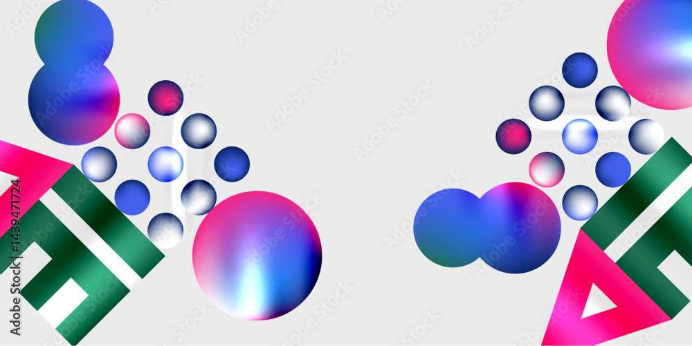 Abstract composition featuring colorful spheres, triangles, rectangles. Gradient shades create dynamic visual effect. Minimalist design. Abstract composition featuring colorful spheres, triangles, rectangles. Gradient shades create dynamic visual effect. Minimalist design.