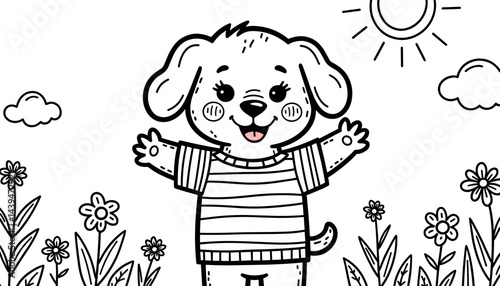 Cute cartoon dog smiling happily in a colorful flower garden  