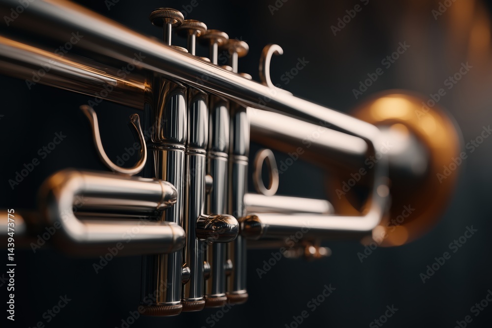 Fototapeta premium Close-up of brass trumpet valves. musical instrument detail in artistic studio lighting