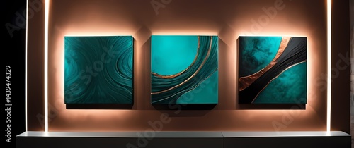 Textured modern art canvases blending rich hues of copper teal and matte black powders. Extremely detailed high resolution illustration.