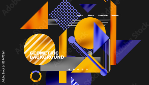 Abstract geometric design. Vibrant orange, purple, gray tones dominate composition. Modern aesthetic, suitable website header or banner.