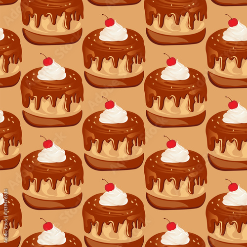 Seamless pattern for kitchen decor and more. Delicious chocolate cupcake with whipped cream and cherry. Vector cartoon illustration of sweet food.