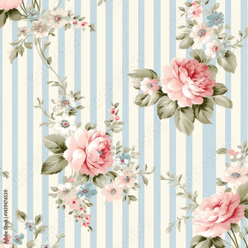 A delicate and charming shabby chic pattern with pastel pink roses and small floral accents on a background of thin blue and white stripes.