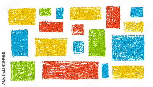 Kid doodle of rough rectangular shapes with blue, red and green pastel wax texture, resembling chalkboard or charcoal squiggle art. Grunge school style or kindergarden hand-drawn vector illustration.