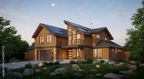 Modern House With Solar Panels And Beautiful Landscaping at Dusk