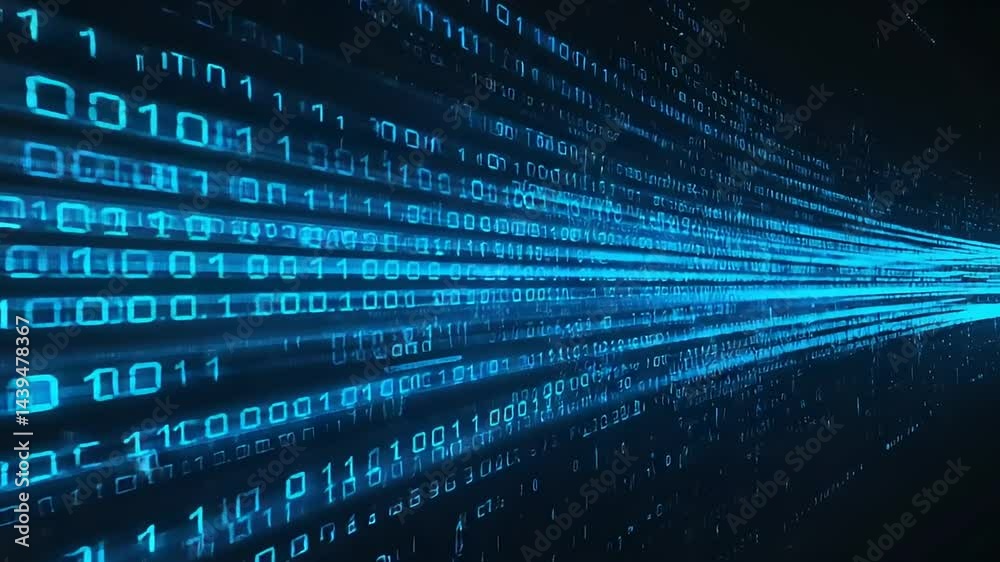 Digital binary code streams diagonally.