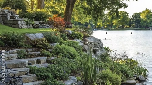 Serene Lakeside Garden: Tranquil Steps to Water's Edge