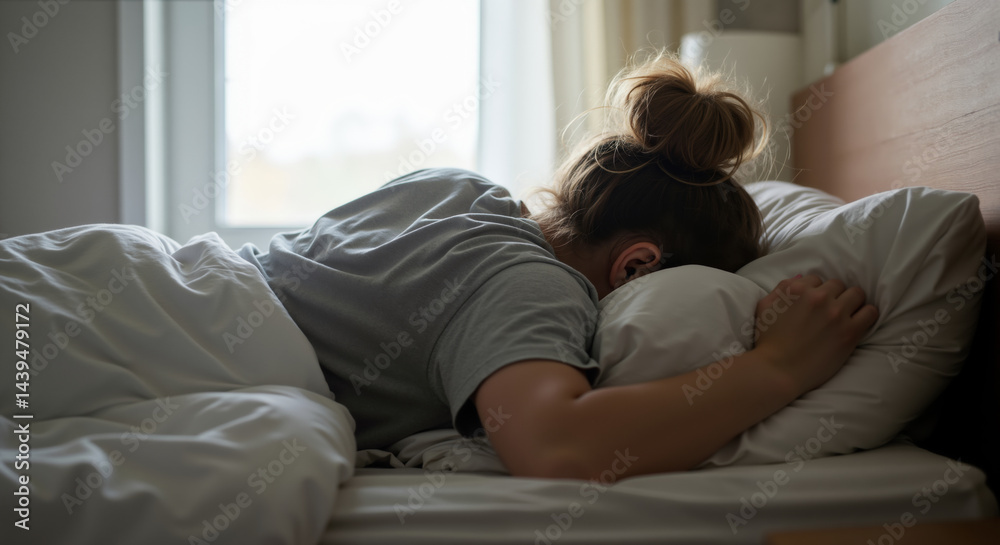 Woman with blonde hair bun lying in bed facing away from camera with morning light through window. Sleep disorder visualization for mental health awareness and insomnia treatment campaigns Woman with blonde hair bun lying in bed facing away from camera with morning light through window. Sleep disorder visualization for mental health awareness and insomnia treatment campaigns