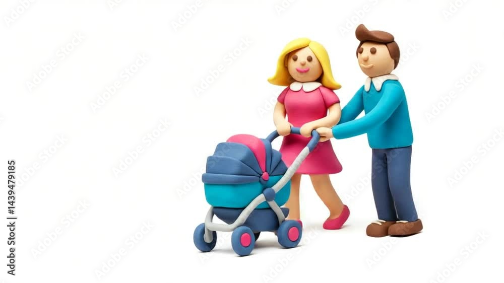 Play-Doh Family Strolling: A Charming Clay Creation Depicting a Happy Couple Enjoying a Relaxing Stroll with their Newborn in a Stylish Pram, against a Pure White Background. Play-Doh Family Strolling: A Charming Clay Creation Depicting a Happy Couple Enjoying a Relaxing Stroll with their Newborn in a Stylish Pram, against a Pure White Background.