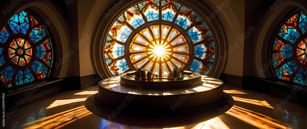 Obraz premium Sunlight piercing through a stained glass kaleidoscope creating vibrant floor patterns. Extremely detailed high resolution illustration.