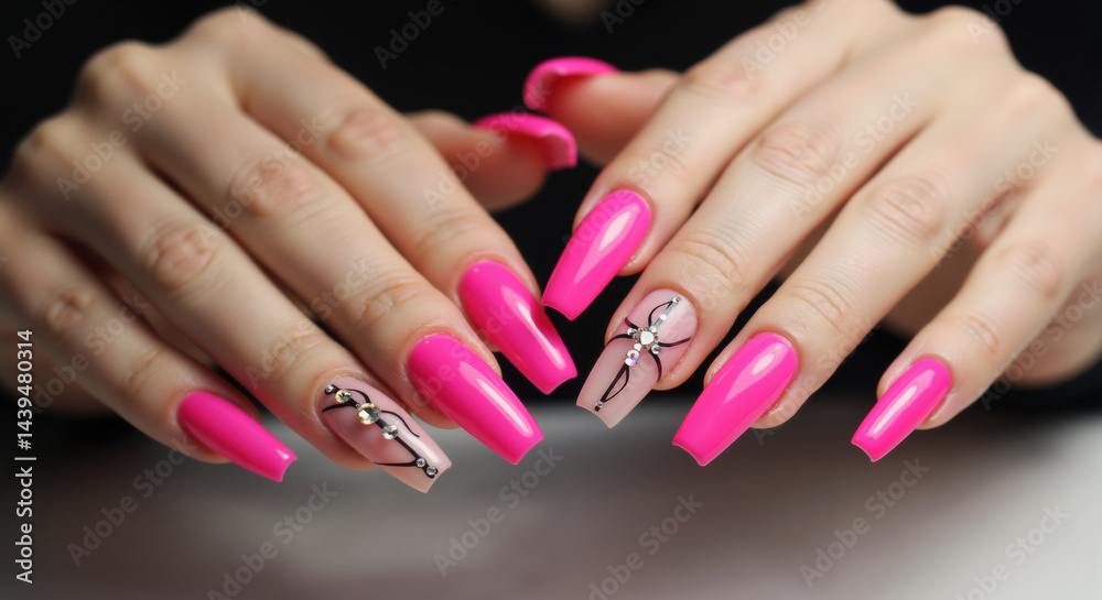 Manicured hands with hot pink coffin nails and rhinestone decorations on accent nails against dark background. Elegant nail design for beauty salon advertising and special occasion inspiration Manicured hands with hot pink coffin nails and rhinestone decorations on accent nails against dark background. Elegant nail design for beauty salon advertising and special occasion inspiration
