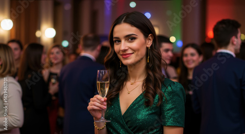 Woman in green sparkly dress holding champagne glass at formal event with bokeh lights in background. Elegant celebration setting for holiday party advertising and luxury event marketing