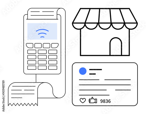 Payment terminal with receipt, storefront icon, and social media card with thumbs ups and comments. Ideal for business, technology, e-commerce, digital marketing, retail, communication simple