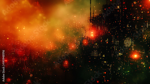 Ethereal futuristic cityscape shrouded in vibrant orange and red nebula.