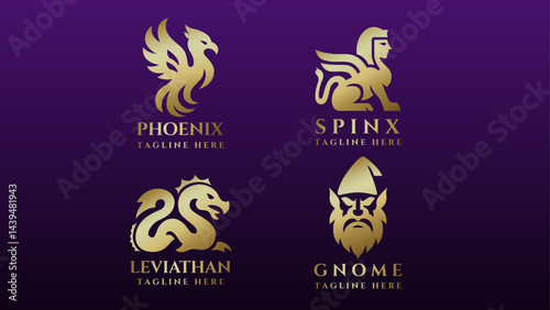4 mythical crreatures logo collection in golden color for your business