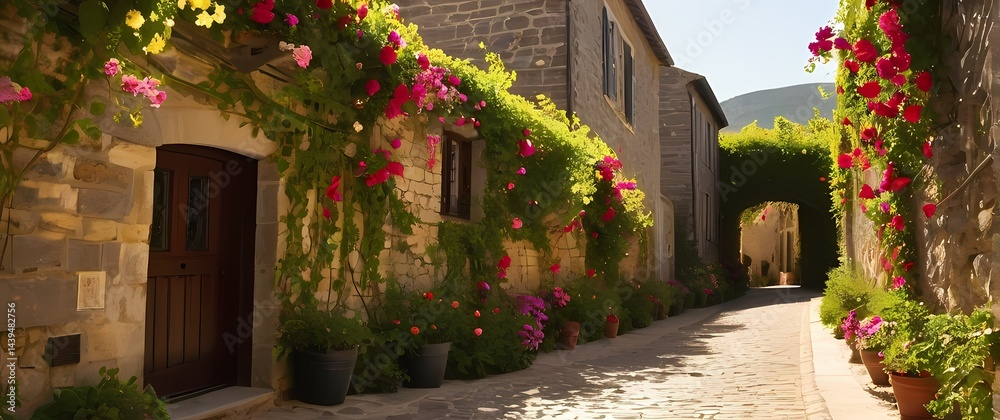 Naklejka premium Sun dappled narrow village alleys lined with bright blooming vines and flowers climbing stone walls. Extremely detailed high resolution illustration.