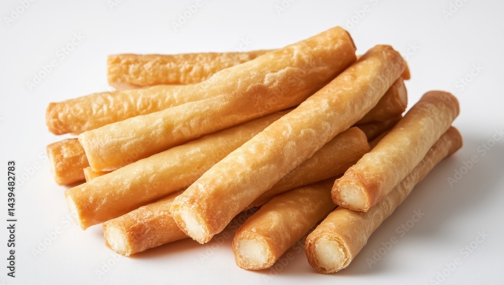 Crispy Golden Brown Sticks of Fried Dough Stacked Neatly on a White Background, Perfect for Appetizers or Snacks in Culinary Photography Crispy Golden Brown Sticks of Fried Dough Stacked Neatly on a White Background, Perfect for Appetizers or Snacks in Culinary Photography