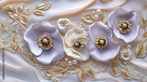 Pastel flowers on fabric, delicate arrangement, elegant design.  Possible use Wedding decor, fashion accessory, invitation photo