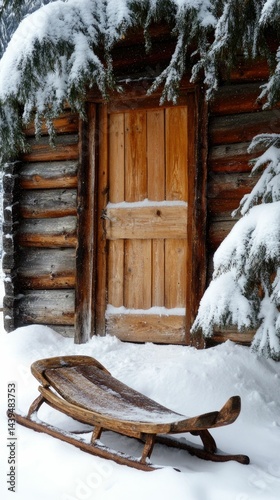 Wooden sled, snow-covered cabin, winter scene.
