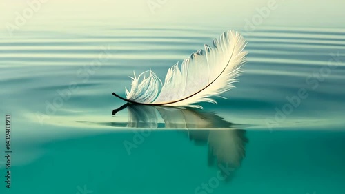 Floating feather gently rippling on tranquil water surface in soft light