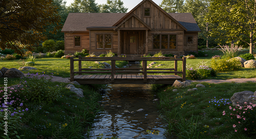 Obraz premium Charming Wooden Cabin Across Serene Stream in Lush Nature Scenery