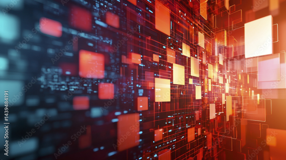 Obraz premium Abstract visualization of digital data with vibrant colors and geometric shapes, creating dynamic and energetic atmosphere