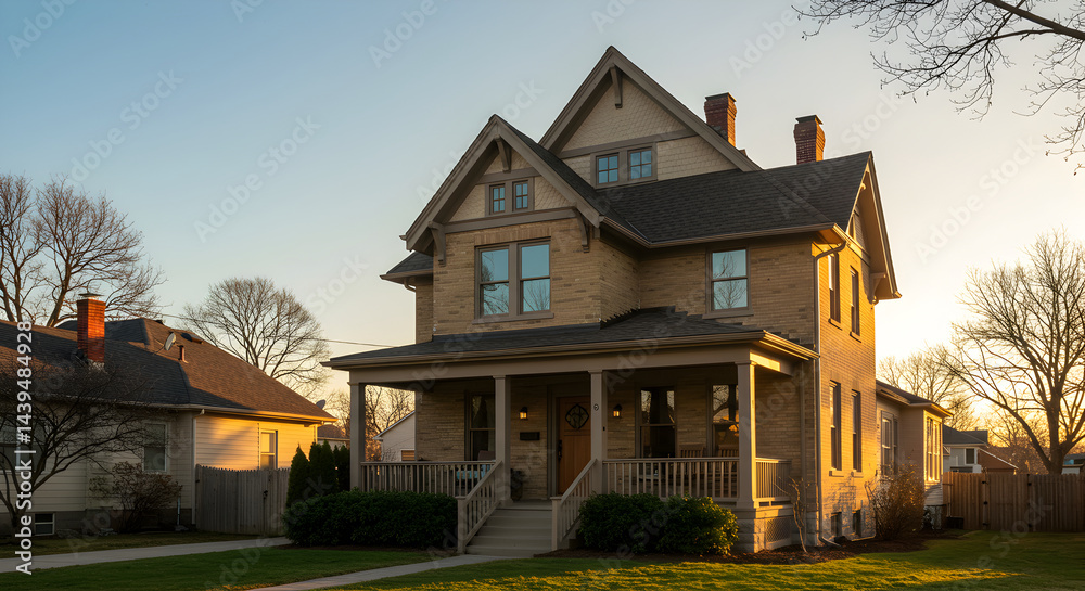 Charming Suburban Residence Featuring a Welcoming Porch at Sunset Hour Charming Suburban Residence Featuring a Welcoming Porch at Sunset Hour