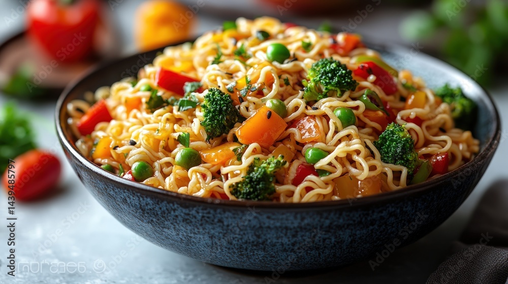 Vibrant bowl of stir-fried noodles with colorful vegetables Vibrant bowl of stir-fried noodles with colorful vegetables