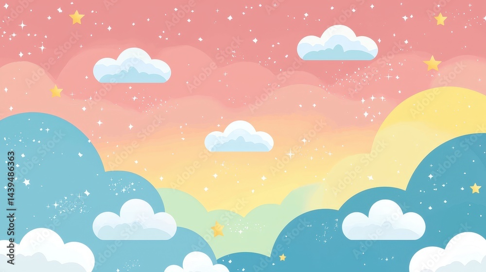 Pastel rainbow sky with clouds and stars. Pastel rainbow sky with clouds and stars.