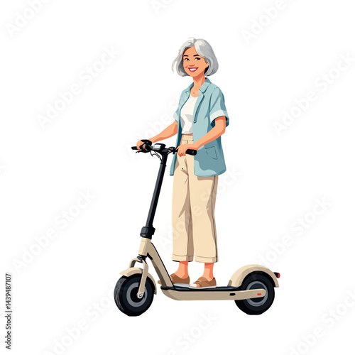 Vsai senior woman riding electric scooter, embracing modern mobility and active lifestyle