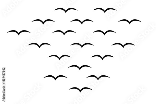 Silhouette of a flock of birds flying in the sky isolated on white background