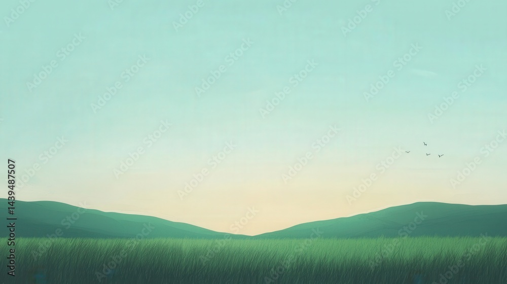 Fototapeta premium Serene, grassy valley stretches beneath a tranquil sky.