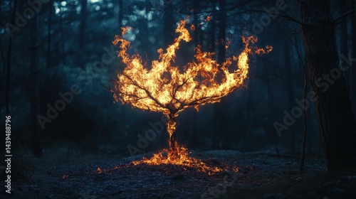 Fiery tree silhouette burns brightly in dark woods.