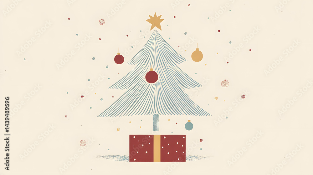 Fototapeta premium christmas, tree, holiday, winter, decoration, xmas, star, card, christmas tree, celebration, illustration, snow, vector, design, fir, season, merry, greeting, art, year, snowflake, gift, december, gre