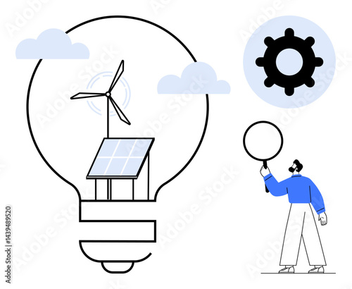 Solar panel and wind turbine integrated inside a light bulb outline, person holding a blank circle, gear icon, and clouds. Ideal for renewable energy, innovation, sustainability, eco-friendliness