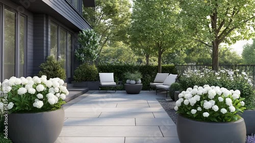 Serene Modern Patio Design: Hydrangeas, Greenery, and Tranquil Outdoor Space