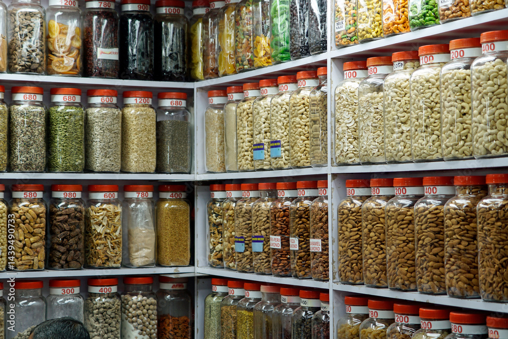 Market stall selling dried nuts